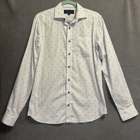 Haspel Co New Orleans Button Up Dress Shirt Men Size Small White Blue Geometric - Picture 2 of 10